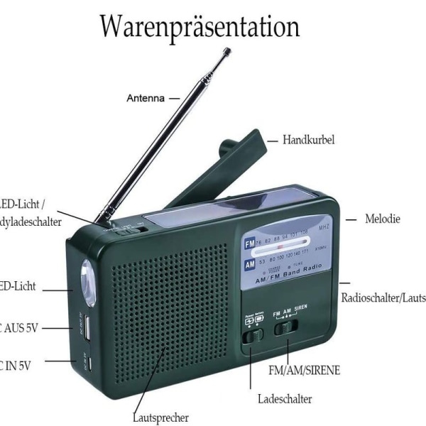 Bärbar nödradio solradio vev AM FM-radio med LED-ficklampa USB-port