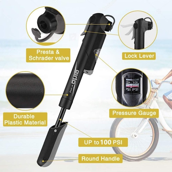 Mountainbikepumpe med trykmåler, 120 PSI minipumpe egnet til Presta og