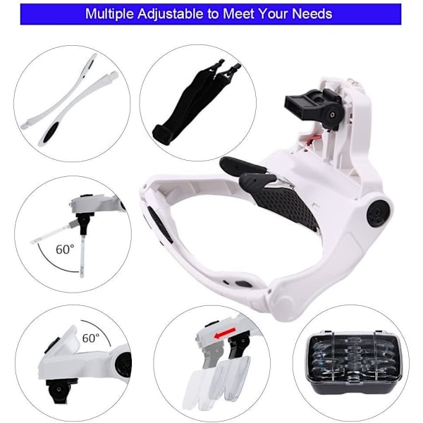 Suurennuslasi 2 LED-valolla, Hands Free -suurennuslasi ompeluun, lukemiseen, korjauksiin, koruihin, kelloihin ja käsitöihin, 5 irrotettavaa linssiä (1.0X-3.5X)