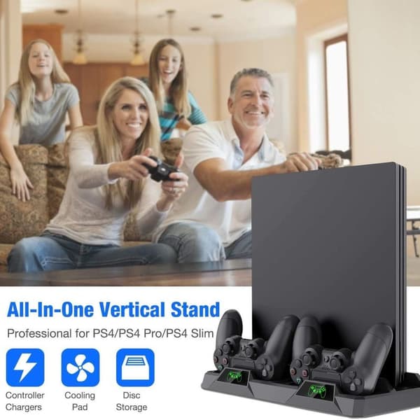PS4 lodret stand, alt-i-én PS4 lodret stand holder ventilator