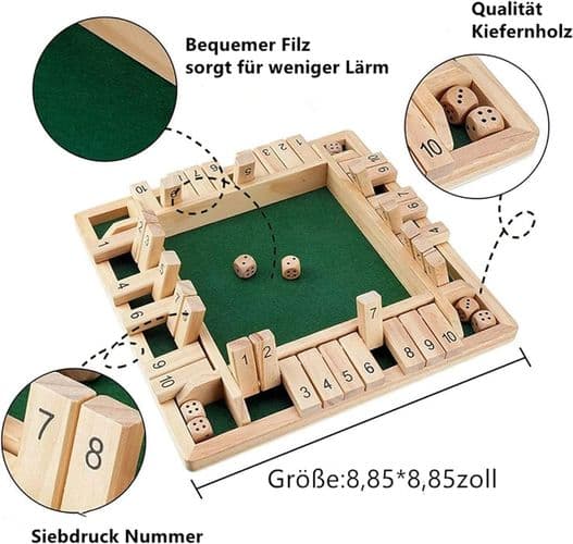 Træbrætspil, 4-Spiller Shut The Box Terningspil Matematik Traditionel Pub