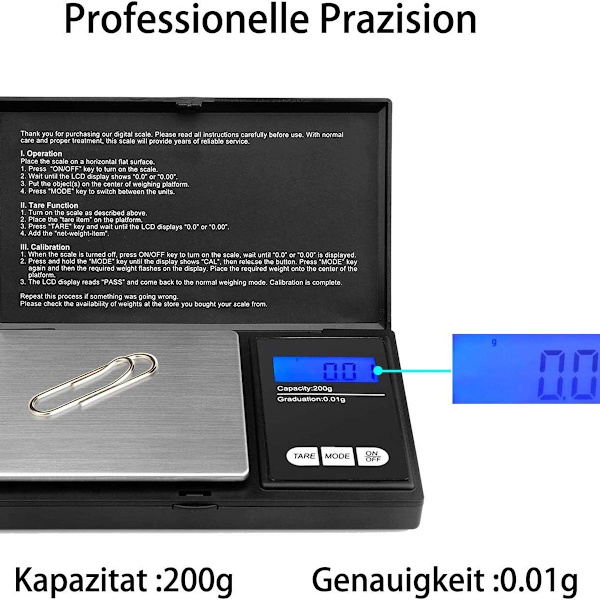 Lommeskalaer 200 x 0,01 g digitale lommeskalaer, presisjonsvekter, med LCD-skjerm for KLB