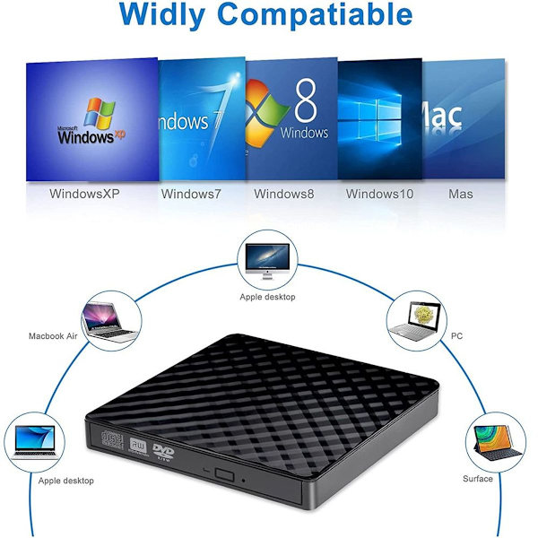 Ulkoinen DVD-asema USB 3.0 -liitännällä, tyyppi-C-liitännällä, kannettava Plug & Play KLB