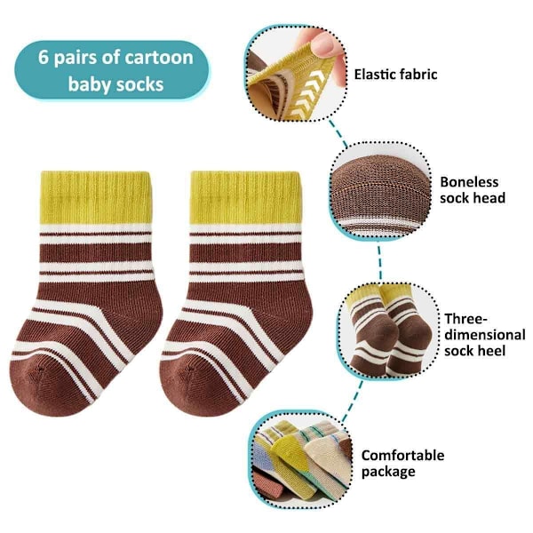 6 par/låda av flerfärgade randiga baby höst och vinter bebisar, 6-8 cm KLB