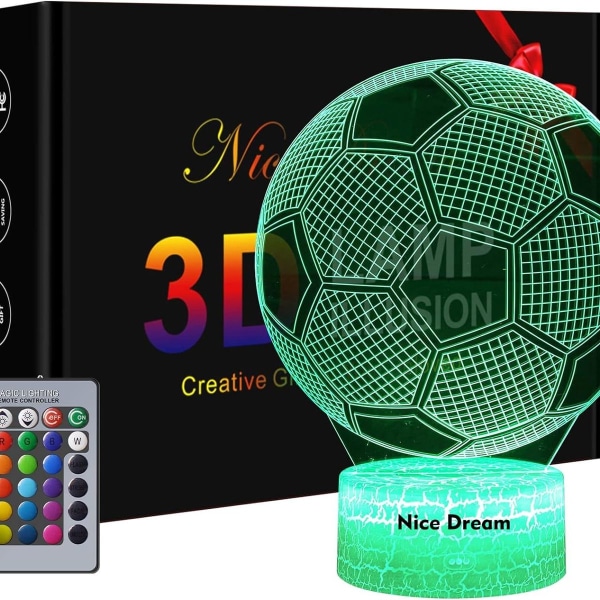 Fodbold 3D natlys til drenge, 3D optisk illusionslampe, dæmpbar 3D nat KLB