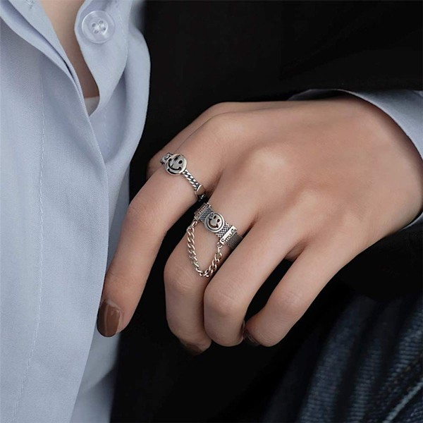 Gotisk knogring set, 2-delad smiley finger ring med halvöppen kedja tofs KLB