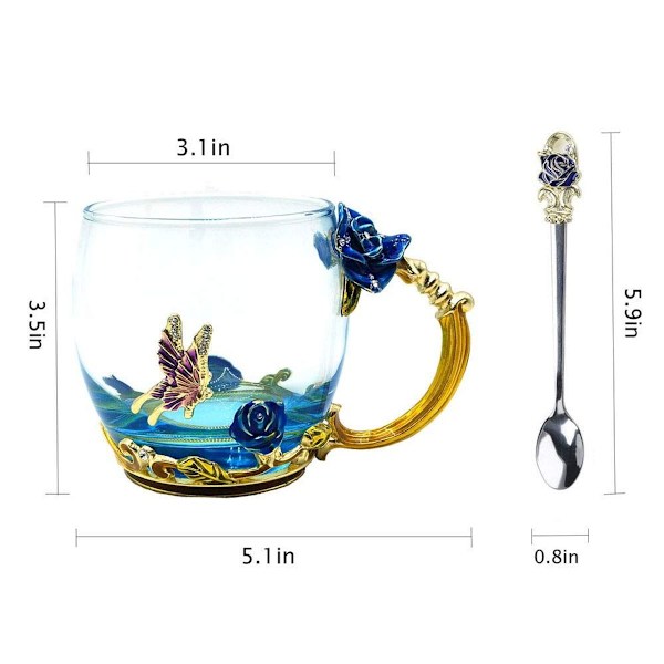 Kaffe Te Kop Krus 3D Rose Sommerfugl Glas Kopper Bryllupsgave KLB