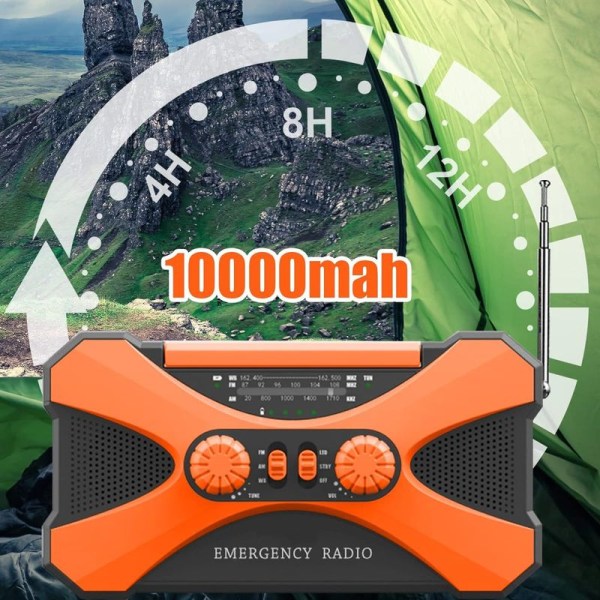 2022 Solar Radio Nødradio med håndsving, 10.000 mAh bærbar krankradio
