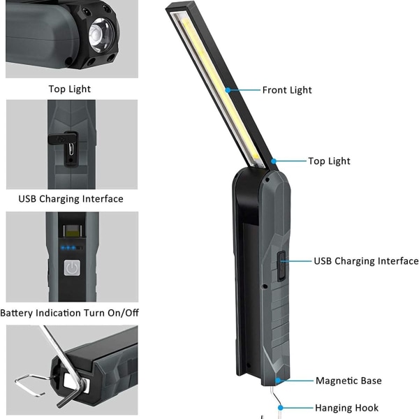 Pakke med 2 genopladelige LED-arbejdslamper, 5 tilstande arbejdslamper, mekanikerlamper