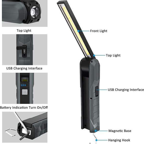 Pakke med 2 oppladbare LED-arbeidslys, 5 moduser arbeidslys, mekanikerlys