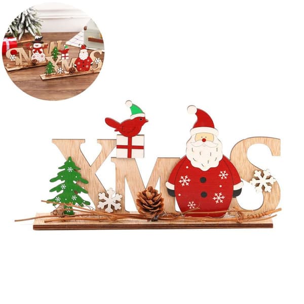 Juldekoration i trä med bokstäver, tomte, snögubbe KLB