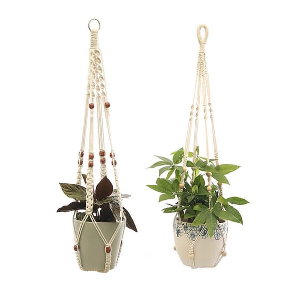 Set med 2 macramé hängande korgar, bomullstros hängande korgar, blomkruka växter