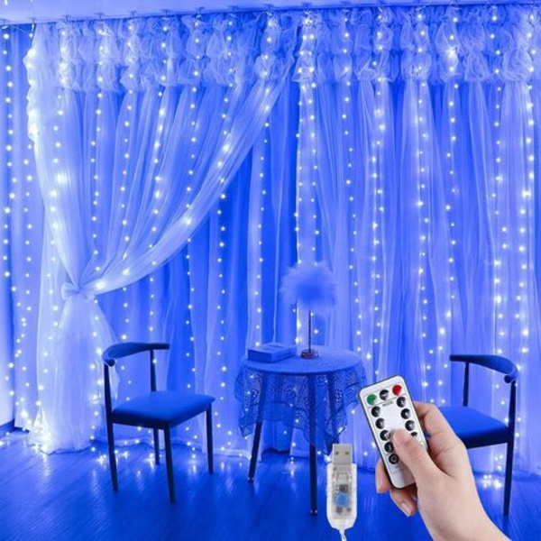 Lysgardin 3m x 3m-300 LED USB Lysgardin Girlander med 8 Lysmoduser for Juledekorasjon Innendørs/Soverom/Vindu/Bursdag/Fest(Blå)