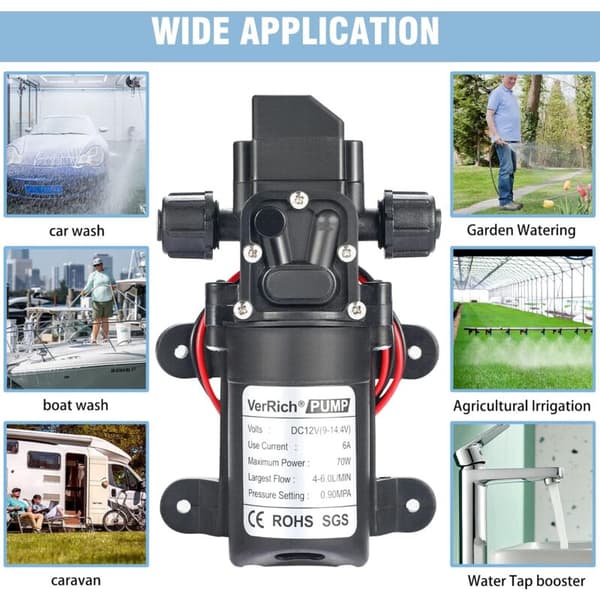 12v husbilsvattenpump DC 12V 60W 130PI 6L/Min högtrycksvattenpump membranpumpningspump husbilsvattenpump (spänning: 12V) KLB