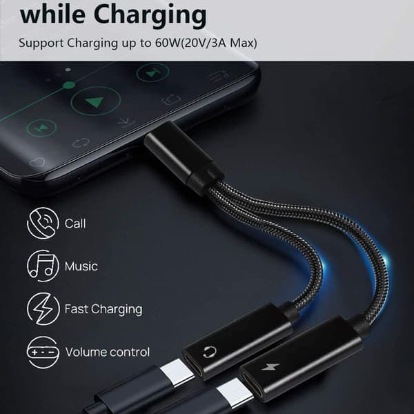 USB-C Splitter, Dobbelt USB-C Hovedtelefoner og Oplader Adapter med TA2H-B2L60 Sort