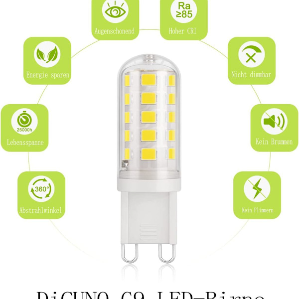 DiCUNO G9 LED-lampa kall vit 6000 K, LED-lampa 3 W motsvarande 30 W - 40 W KLB