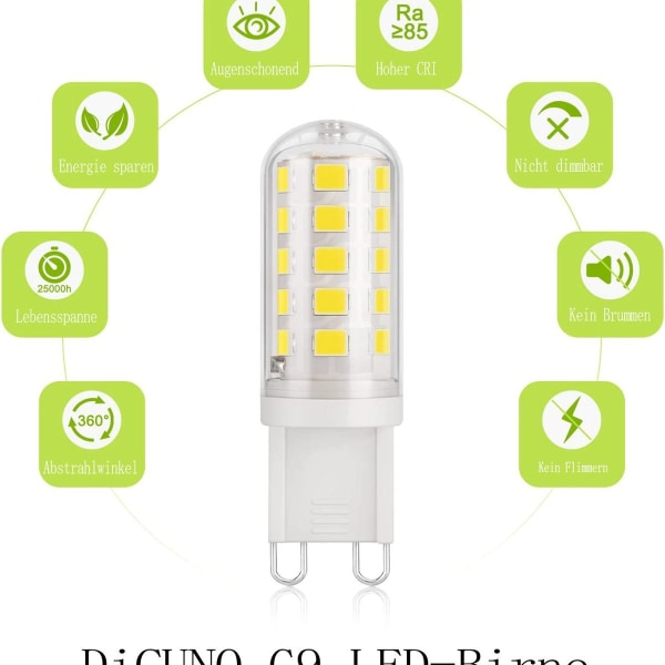 DiCUNO G9 LED-lamppu kylmä valkoinen 6000 K, LED-polttimo 3 W vastaa 30 W - 40 W KLB