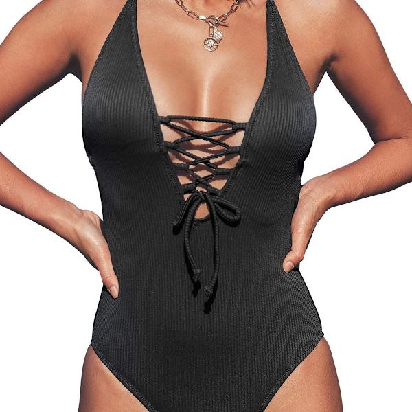 Kvinners blonder-up one-piece ribbet one-piece badedrakt