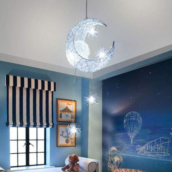 Lysekrone Suspension Moon Stars LED-loftslys Aluminiumslampe med 5 pærer til børns soveværelse (hvidt lys)