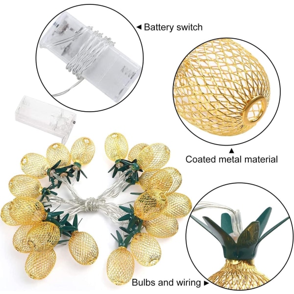 Ananas LED-lyskæde, batteridrevet fe-lyskæde til fest, soveværelse, hjem, fødselsdag, udendørs, hawaiiansk, tropisk, tiki-gaver, dekorationer