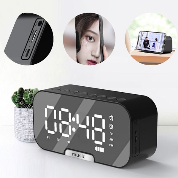 Langaton Bluetooth-kaiutin Peilikello Mini Herätyskello Musta