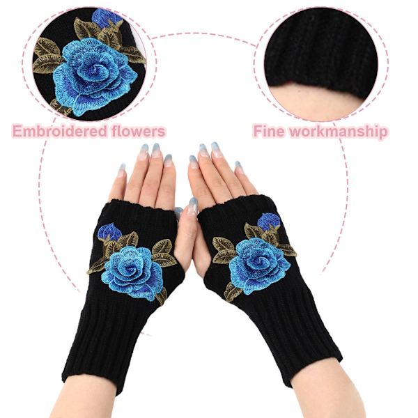 Vinter Fingerless Hansker Halv Finger Hanske Svart + Blå Blomst KLB