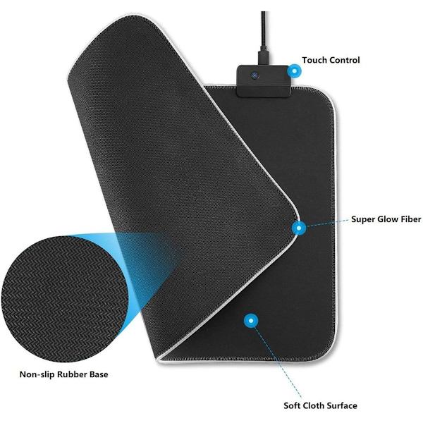 RGB Gaming Mouse Pad 8 Lystilstande Skridsikker Gummi 350x250x4mm