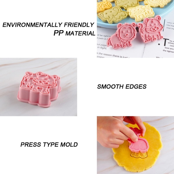 Dyr småkage udstikkere med sæt af stempler, 8 stk. 3D dyre præge udstikkere til kiks