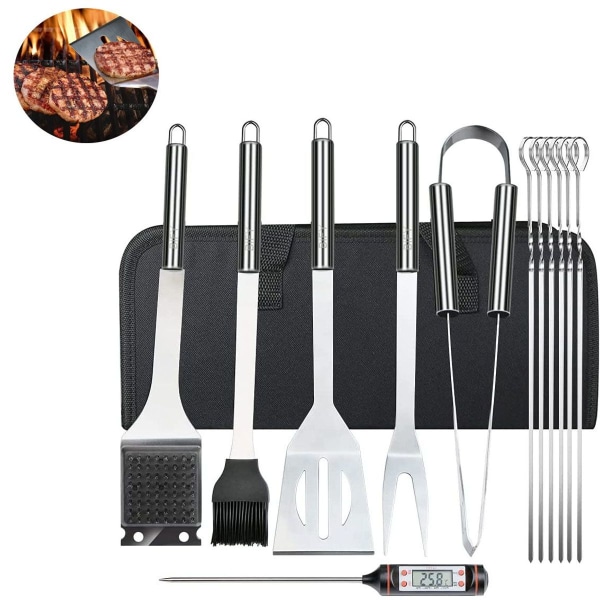 13-delt grillbestikksett med etui + grilltermometer i rustfritt stål, 13 deler KLB