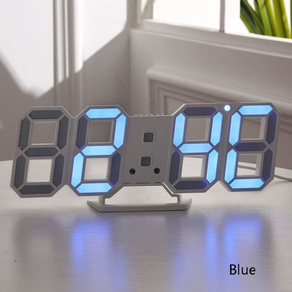 6609 3D Stereo LED-väckarklocka Vardagsrum 3D Väggklocka-Blå
