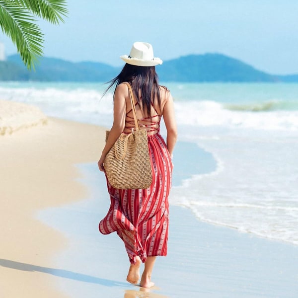 Straw Beach Bag, Bohemian Braided Shoulder Bag, Travel Vacation