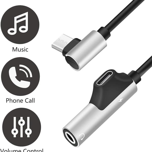 USB-C til 3,5 mm hovedtelefonstikadapter og oplader 90 grader