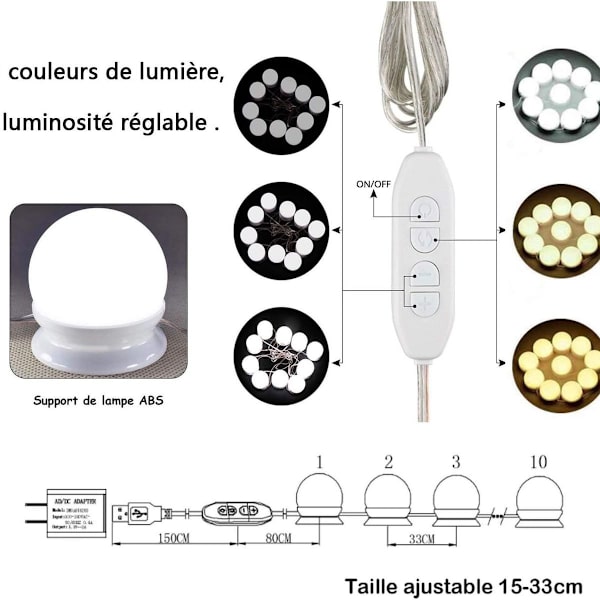 Spejllampe, 10 pærer Hollywood LED-lyssæt dæmpbar kosmetisk KLB