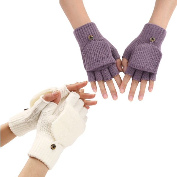 Vinterhansker for kvinner, 2-pakning varmstrikket konvertibel fingerløs håndkombinasjon 4 KLB