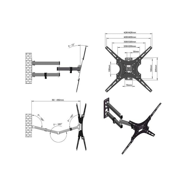 TV-seinäteline 26-55 tuumaa vaakasuoralla kuplalla, VESA 400 x 400mm, kääntyvä 180°, kallistuva -5°12° (Max. 30 kg) KLB
