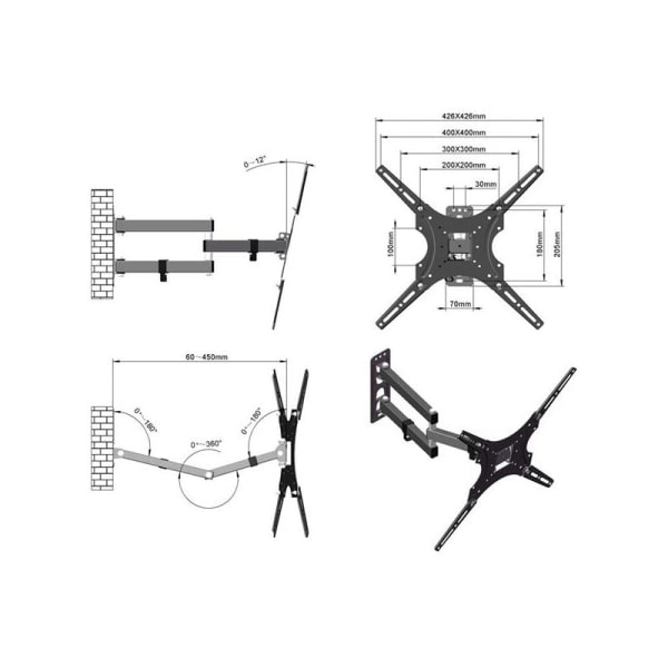 TV-veggfeste 26-55 tommer med horisontalt vater, VESA 400 x 400mm, roterbar 180°, tiltbar -5°12° (maks. 30 kg) KLB