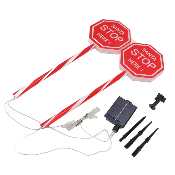Vanntett LED solcellelys med "Santa Stop Here"-skilt. KLB