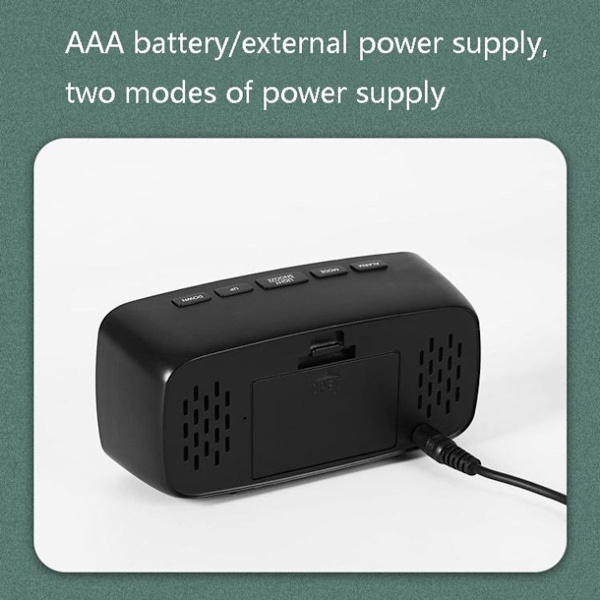 Batteridriven LED-väckarklocka för sängbord, rektangulär, svart