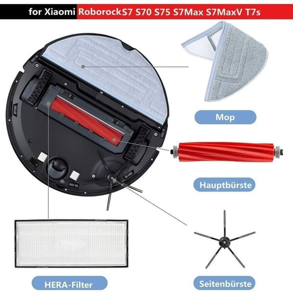 Tilbehør til Roborock S7, reservedele til Roborock S7, 2 hovedbørster, 4 luftfiltre, 4