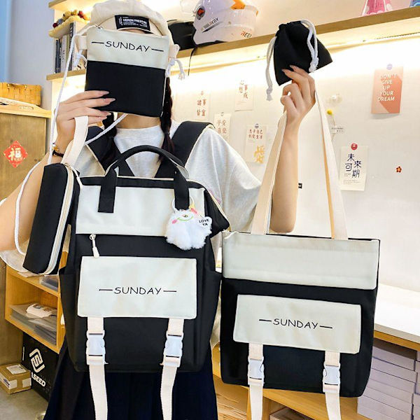 Skolebagg for elever - 5-delt, barneskolebagg, jente-ryggsekk, liten og fresh, mamma-veske, ungdomsskole-ryggsekk - rosa