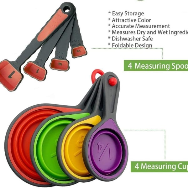 Set med hopfällbara mätkoppar och -skedar i silikagel, måttverktyg för matlagning