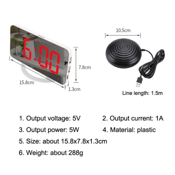 TS-8202 Multifunktionell LED Vibrerande Spegel USB Väckarklocka