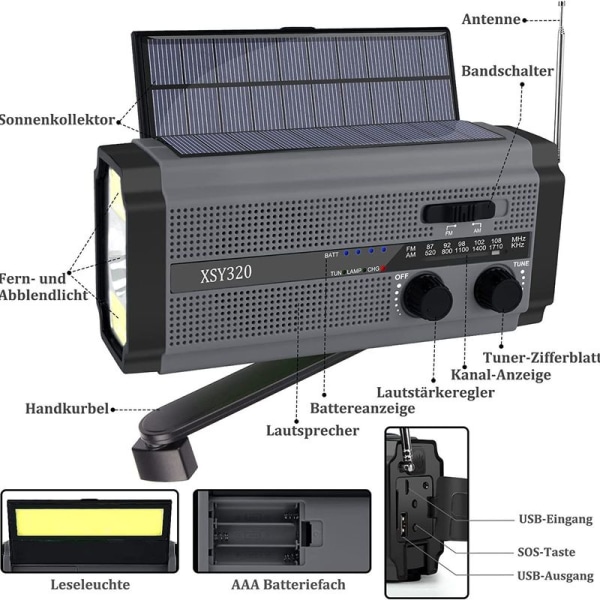 Bærbar solradio, AM/FM håndsvingradio med genopladelig 5000 mAh