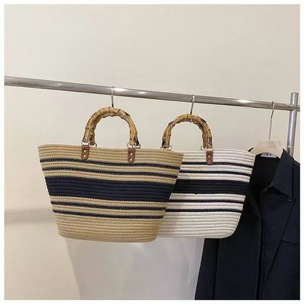 Vävda stora tote väska, bambuhandtag, handvävda