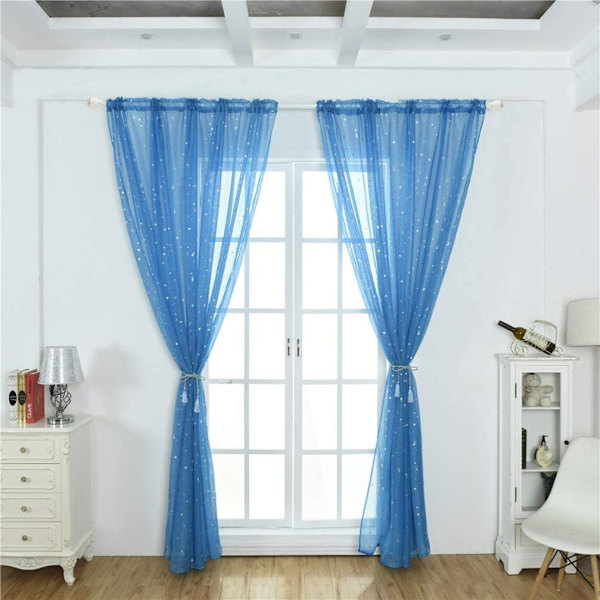 1PC- 100 * 200 Cm(Blå)Voile Vindue Gardin Romantisk Sølv Stjerne Folie Vindue Behandling Pailletter Stjerner Gardiner Panel til Vindue