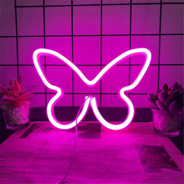 Sommerfugl Neon Lys Rosa Neon Skilt Neon Vegglys USB eller batteridrevet