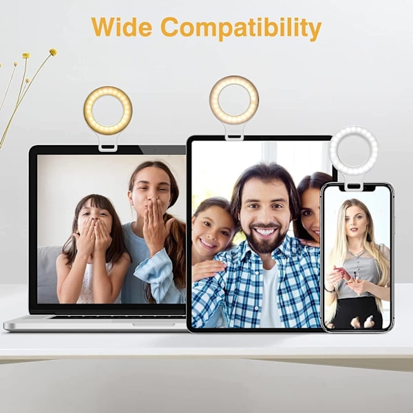 Klips på ringlys, genopladelig 60 LED selfie ringlys til telefon, bærbar computer, tablet (3 modeller, 5 lysstyrkeniveauer)