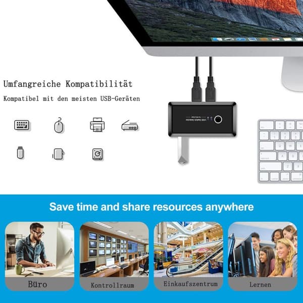 USB-kytkin - 2 sisään 4 ulos PC-osille - Musta, 480 Mbps - Windows, Mac, Linux