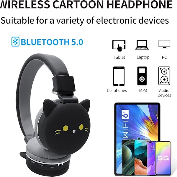 Mustat kissa -kuulokkeet, langattomat kuulokkeet lapsille, stereo