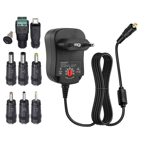 Universell 12W AC/DC-adapter med 8 DC-plugger,